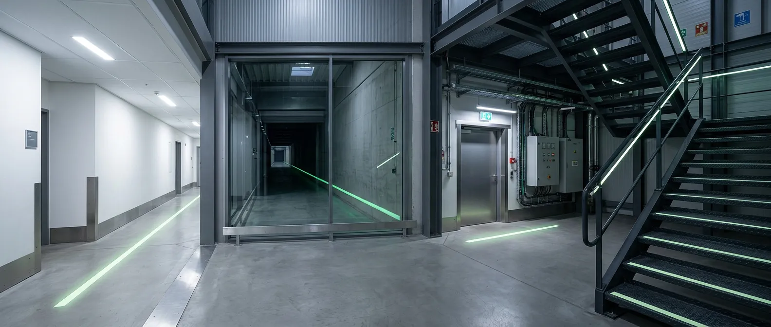 Ledstråk visade i fyra olika miljöer: korridor, tekniskt rum, tunnel och metalltrappa