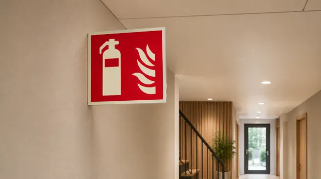 Efterlysande brandskylt för brandsläckare monterad högt i bostadsrättsförening