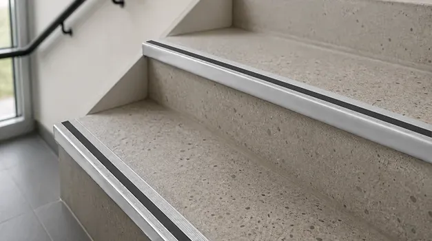Trappnosar i aluminium med halkskydd för trapphus i bostadsrättsförening