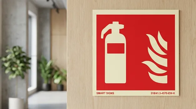 Brandsläckare märkt med tydlig brandskylt